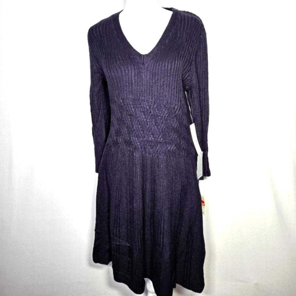 Eliza J Navy Blue Cable Knit Fit & Flare Sweater Dress Size L - Picture 2 of 10